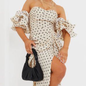 Cream Polka Dot Bardot Frill Sleeve Draped Midi Dress
